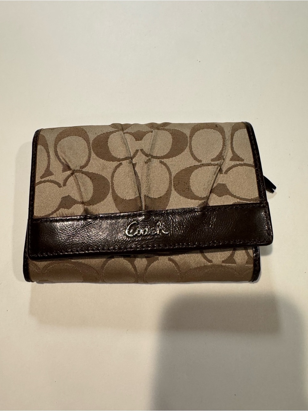Coach Beige Signature Canvas Wallet with Brown Leather Trim